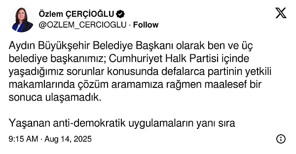 Özlem Çerçioğlu CHP'den istifa etti. Çerçioğlu'nun açıklaması şöyle: