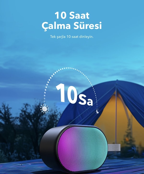 Anker Soundcore Pyro Mini Bluetooth Hoparlör, tek şarj ile 10 saat müzik keyfi sunuyor.