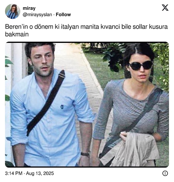 Diziden paylaşılan bir kesite "Beren ve Kıvanç'ın birbirine aşık olması gerekiyordu" şeklinde yapılan yorumun üzerine bir X kullanıcısı Beren Saat'in eski sevgilisini paylaştı.