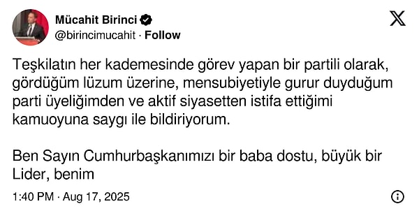 Mücahit Birinci, disiplin kurulunu beklemeden partiden istifa ettiğini açıkladı.