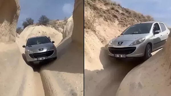 Talihsiz sürücü navigasyonun yanlış yönlendirmesi sonucu peribacalarına girdi.