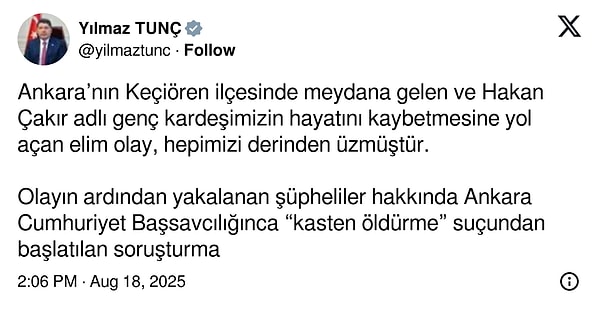 Adalet Bakanı Yılmaz Tunç’un paylaşımı
