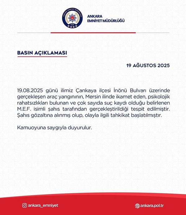 Ankara Emniyet Müdürlüğü, TBMM'nin önünde yanan araçla ilgili açıklama yaptı: