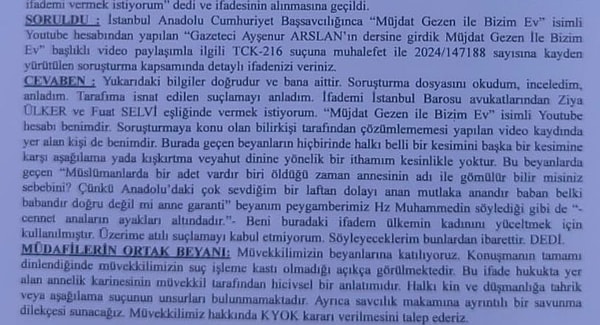 Müjdat Gezen'in ifadesinden bir bölüm: