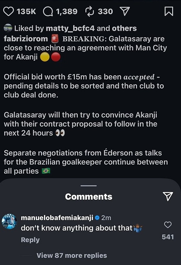 Manuel Akanji, bu paylaşıma Instagram'dan yorum yazarak herkesi şaşırttı.