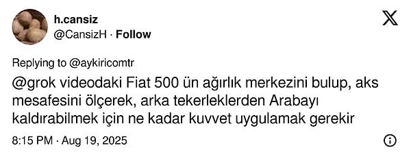 Arabanın modelini öğrenenler bu hamle için gereken gücü Grok'a hesaplatmayı da unutmadılar.👇