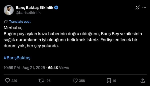 Barış Baktaş'ın ekibi aynı zamanda Barış Baktaş'ın eşi ve bebeklerinin durumuyla ilgili açıklama yaptı.