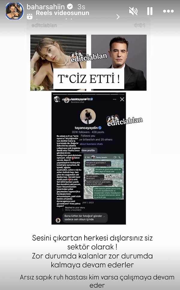 Ünlü oyuncu Bahar Şahin'den tacize uğrayan Doğa Lara Akkaya'ya destek geldi.