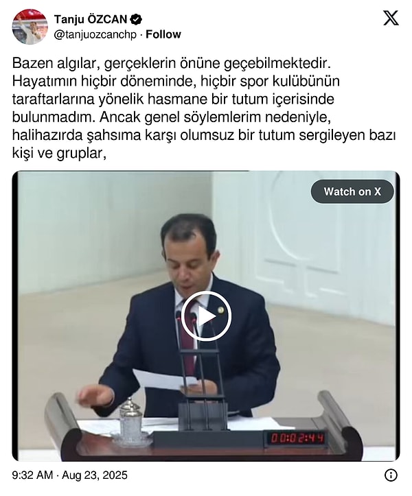 Tanju Özcan bu kez geçmiş yıllarda Meclis'te gerçekleştirdiği Fenerbahçe konuşmasını paylaşarak özür diledi👇🏻