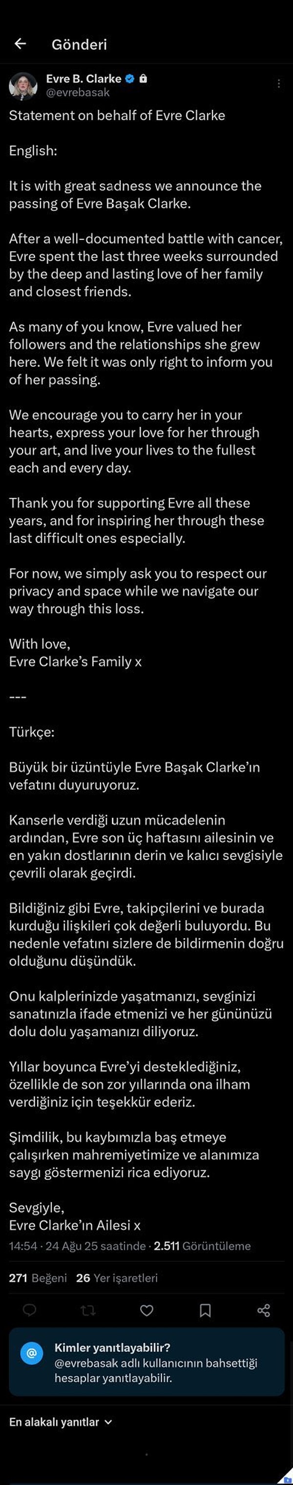 Evre Başak Clarke'ın hesabından hayatını kaybettiği açıklandı.