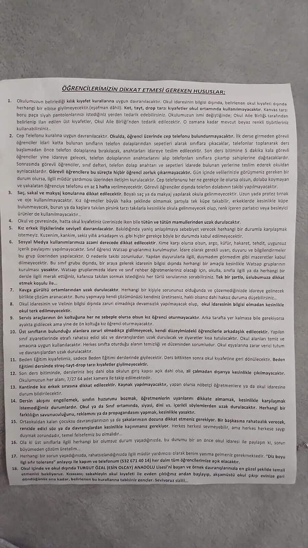 Turgut Özal Anadolu Lisesi’nin öğrenci kuralları