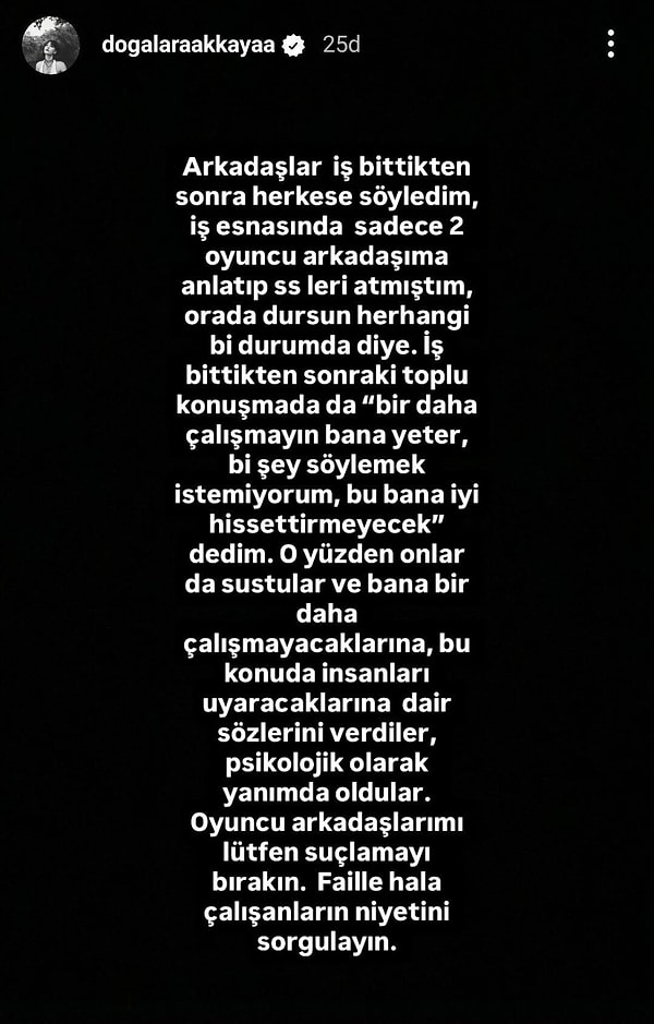 Geçtiğimiz saatlerde sosyal medya hesabında yeni bir paylaşımda bulunan Doğa Lara Akkaya, Tozluyaka setindeki arkadaşlarını korudu.