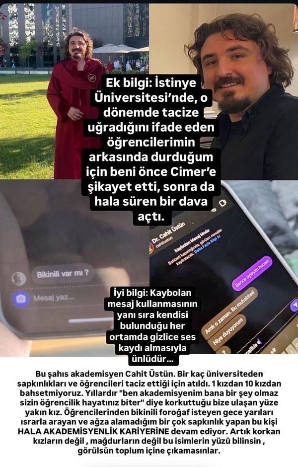 İstinye Üniversitesi’nde akademisyen olan Cahit Üstün’ün kız öğrencilere taciz içerikli mesajlar attığı iddia edildi.