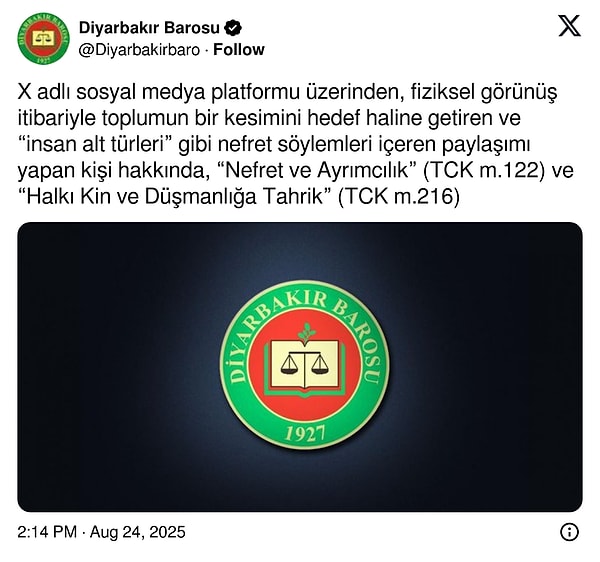 Diyarbakır Barosu İstanbul Cumhuriyet Başsavcılığı’na suç duyurusunda bulunulduğunu açıkladı.