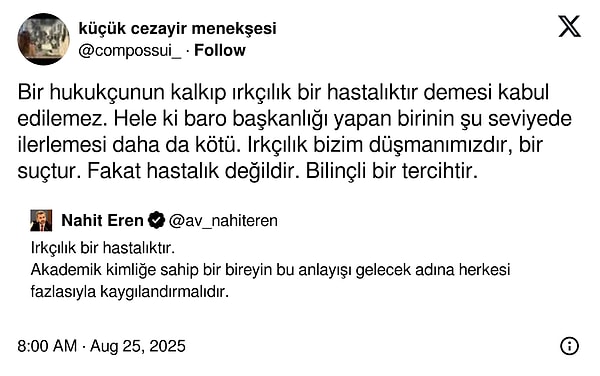 Diyarbakır Barosu Başkanı Nihat Eren'in paylaşımına gelen bir yorum;