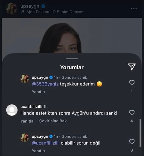 "Olabilir, sorun değil" diyerek oldukça cool takılan Aygün Aydın, böylelikle Hande Erçel'in kendisine benzediğini düşündüğünü de söylemiş oldu.