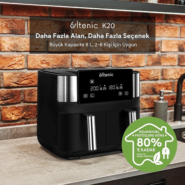 İki ayrı pişirme haznesiyle aynı anda iki farklı yemek hazırlayabileceğiniz Ultenic K20 Airfryer, 1.199 TL indirimli fiyatıyla öne çıkıyor.