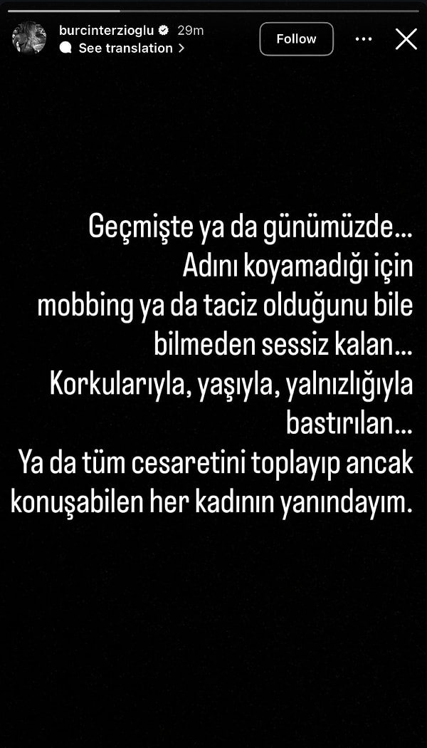 Burçin Terzioğlu çıkan taciz iddiaları ve Doğa Lara Akkaya'nın ifşaladığı mesajların ardından sosyal medya hesabından yaşananlara tepki gösterdi.