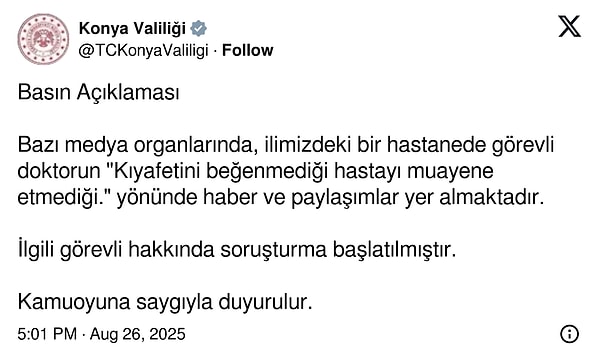 Konya Valiliği'nden açıklama. 👇