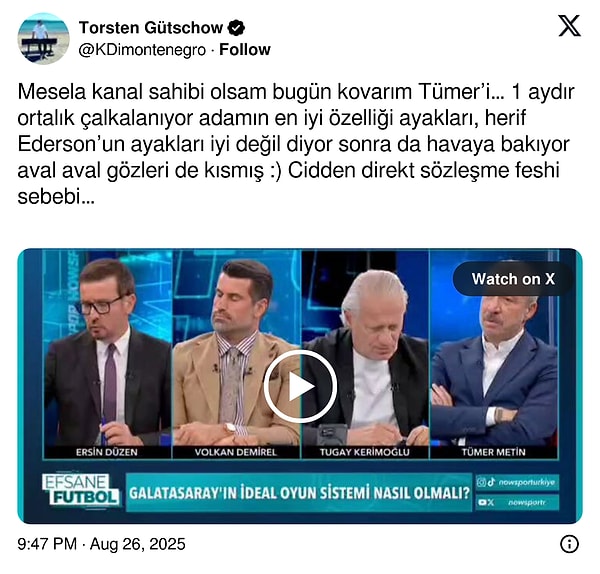 Tümer Metin’in “Ederson ayakları iyi bir kaleci değil” yorumu sosyal medyada da konuşuldu. 👇