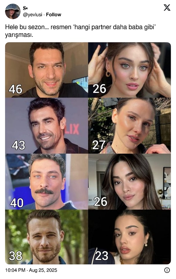 Bir X kullanıcısı, bu sezon yayınlanacak dizilerde partnerlerin yaş farkında dikkat çekti.