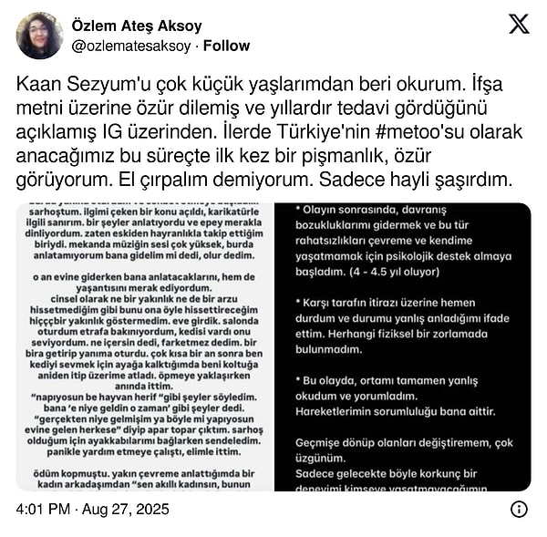 Sezyum'un özür mesajı, X'te bir kullanıcı tarafından ise bu sözlerle paylaşıldı;