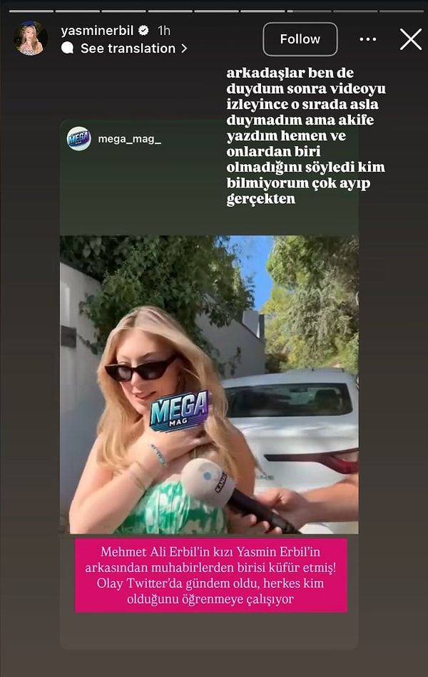 Yasemin Erbil, Instagram hesabından yaptığı paylaşımda muhabiri duymadığını söyledi.