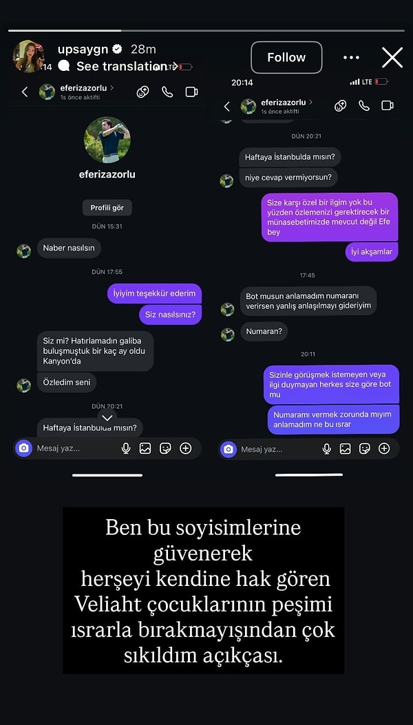 Aygün Aydın, Efe Rıza Zorlu'nun kendisine attığı mesajları sosyal medya hesabından paylaştı: