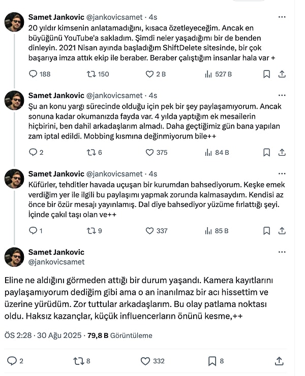 Samet Jankovic kullanıcı isimli saldırıya uğradığını söyleyen kişi de X'ten yaşananları anlattı ve konunun yargıya taşındığını söyledi.