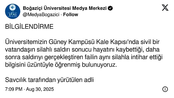 Boğaziçi Üniversitesi'nden cinayet açıklaması.