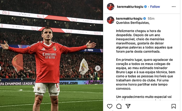Kerem Aktürkoğlu bir sezonluk Benfica macerasının sonuna geldi ve Portekiz ekibine veda etti.
