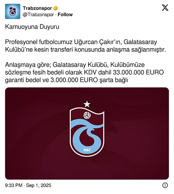 Trabzonspor, Uğurcan Çakır transferinin bedelini açıkladı.