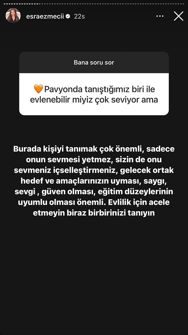 "Pavyonda tanıştığımız biri ile evlenebilir miyiz çok seviyor ama" yazan takipçisine Ezmeci uzun bir yanıt verdi.