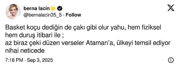 Ergin Ataman’ı “çakı gibi” bulmayan Berna Laçin’in paylaşımı 👇