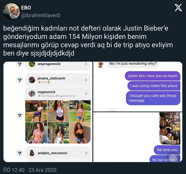 Ebo, daha önce de Justin Bieber'a attığı mesajlarla gündeme gelmişti.