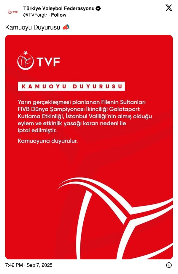 Türkiye Voleybol Federasyonu'nun açıklaması şu şekildeydi:
