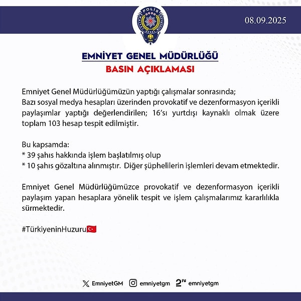 Emniyet Genel Müdürlüğü’nün açıklaması 👇