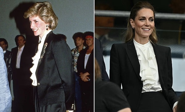 Kate’in kombini, Prenses Diana’nın 1986’da Vancouver’da Bryan Adams ile buluşurken giydiği siyah takım ve beyaz fırfırlı bluzu hatırlattı.