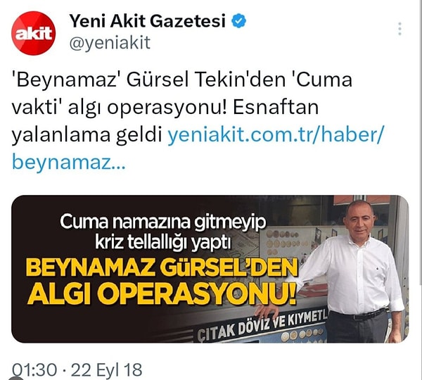 Akit'in Gürsel Tekin hakkında 2018 yılında yaptığı bir haber: