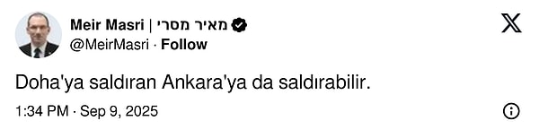 Meir Masri isimli akademisyen "Doha'ya saldıran Ankara'ya da saldırabilir" ifadelerini kullandı.
