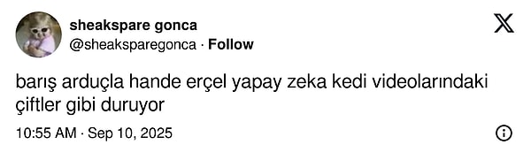 Fragmanın ardından X'te @sheaksparegonca adlı kullanıcı Hande Erçel ve Barış Arduç'u yapay zeka videolarındaki kedi çiftlere benzetti.