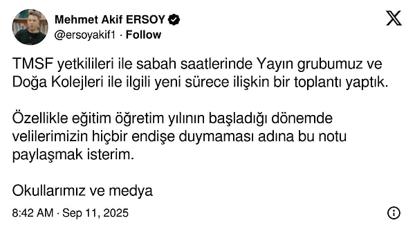 Mehmet Akif Ersoy'un X hesabından yaptığı paylaşım şöyle: