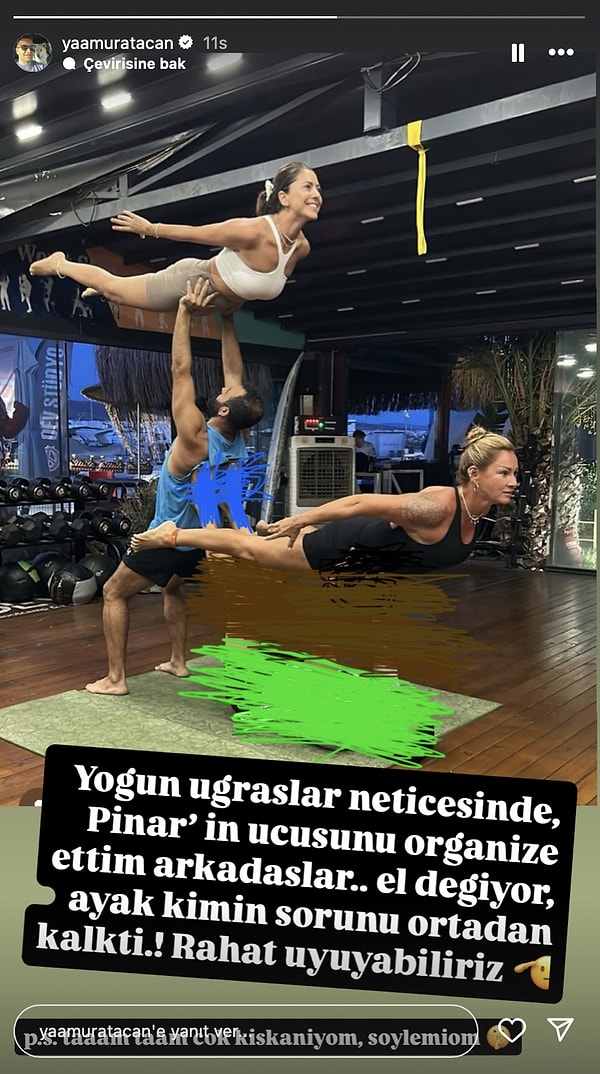 Fotoğrafta Pınar Altuğ'u tutan antrenörü, üstünü çizerek yok eden Yağmur Atacan, eşini spor yaptığı için kıskandığını düşünenlerle fena dalga geçti.