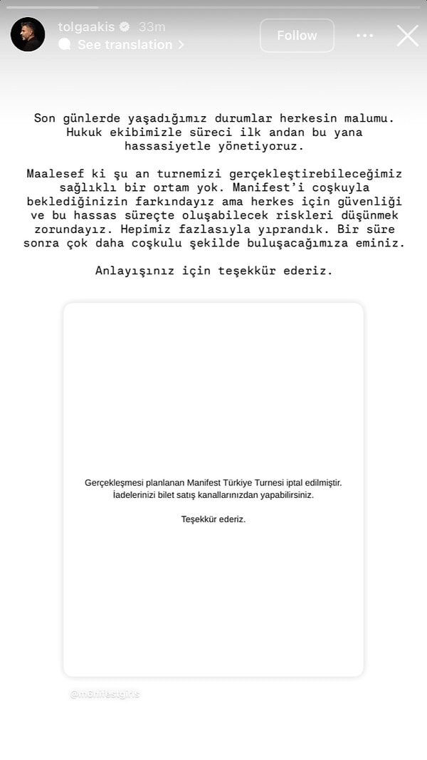 Son olarak grubun çıkarıldığı Big5 programının yaratıcısı ve bağlı oldukları Hypers şirketinin sahibi Tolga Akış, Manifest'in Türkiye turnesinin tamamen iptal edilmesi hakkında konuştu.