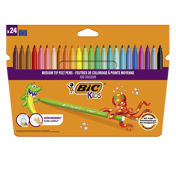 Bic Kids Couleur Yıkanabilir Keçeli Boya Kalemi 24’lü set, canlı ve eğlenceli çizimler için birebir.