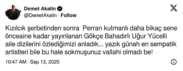 Akalın, sosyal medya hesabından yaptığı paylaşımda, dizinin yeni sezonunu sert bir dille eleştirdi: