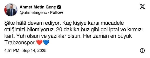 Ahmet Metin Genç'in maç anında yaptığı paylaşımda yaşanan pozisyonlara tepki vardı.