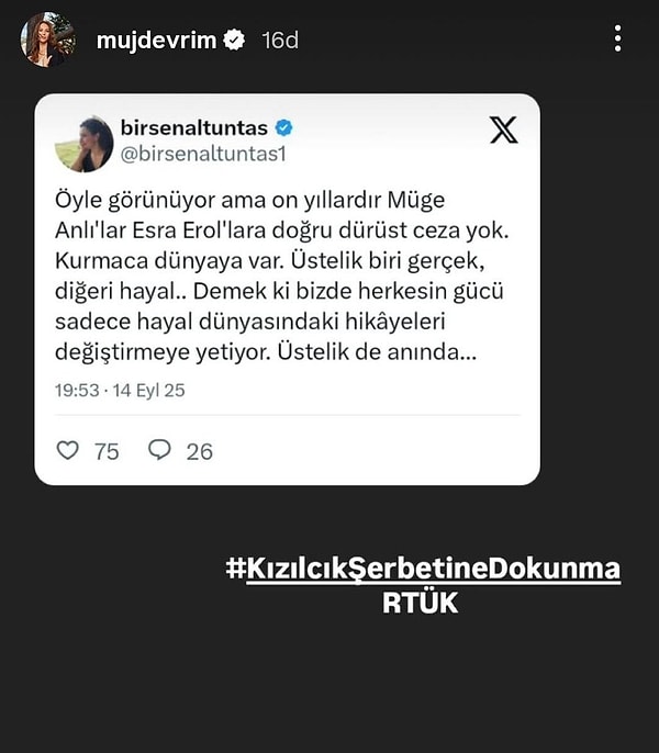 Birsen Altuntaş da, RTÜK’ün diziye soruşturma başlattığını duyurdu ve bir yorumda düşüncesini dile getirdi.