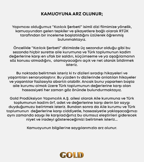Dizinin yapımını üstlenen Gold Film’den de ilk açıklama geldi. 👇