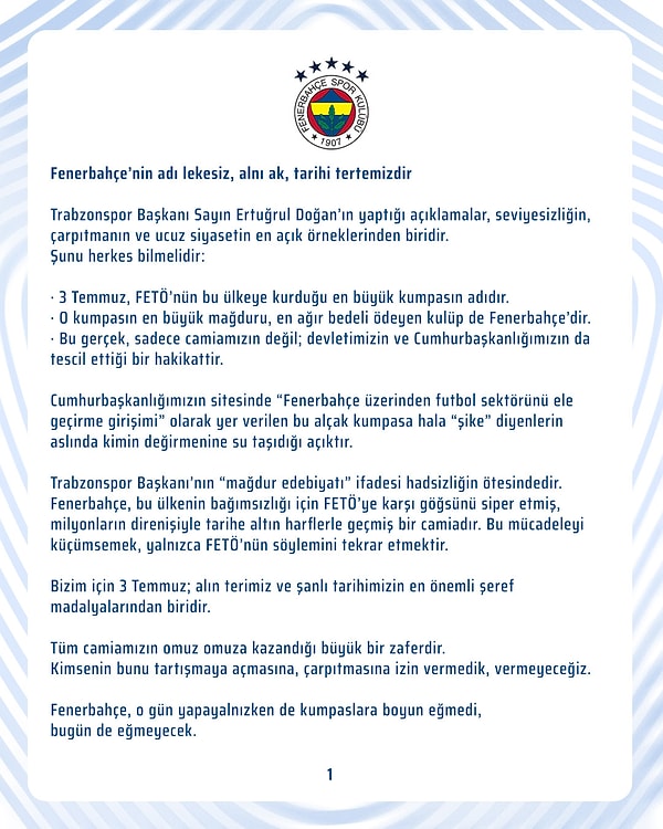 Fenerbahçe'nin Ali Koç imzalı açıklaması şöyle;